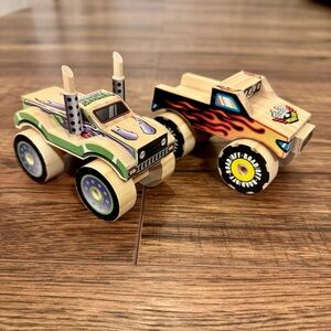 Kid’s Natural Wooden Wood Monster Truck Room Decor or Toy Set of 2